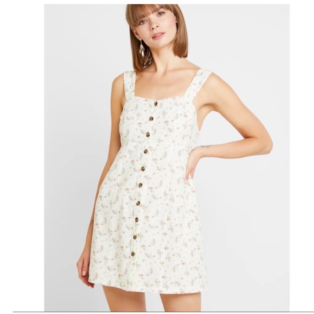 American Eagle Floral Button Front Mini Dress Cream Linen Blend XS